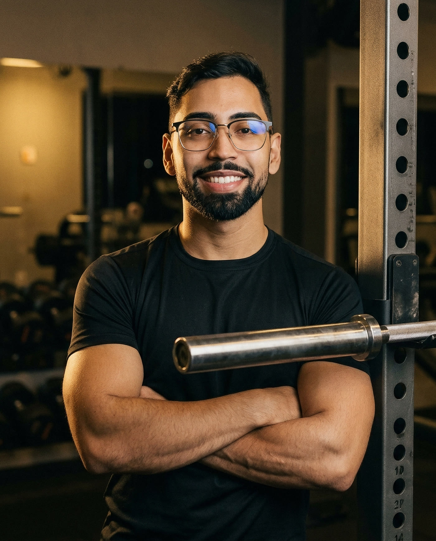Myckaell Victtor, personal trainer, de braços cruzados ao lado de um rack de agachamento
