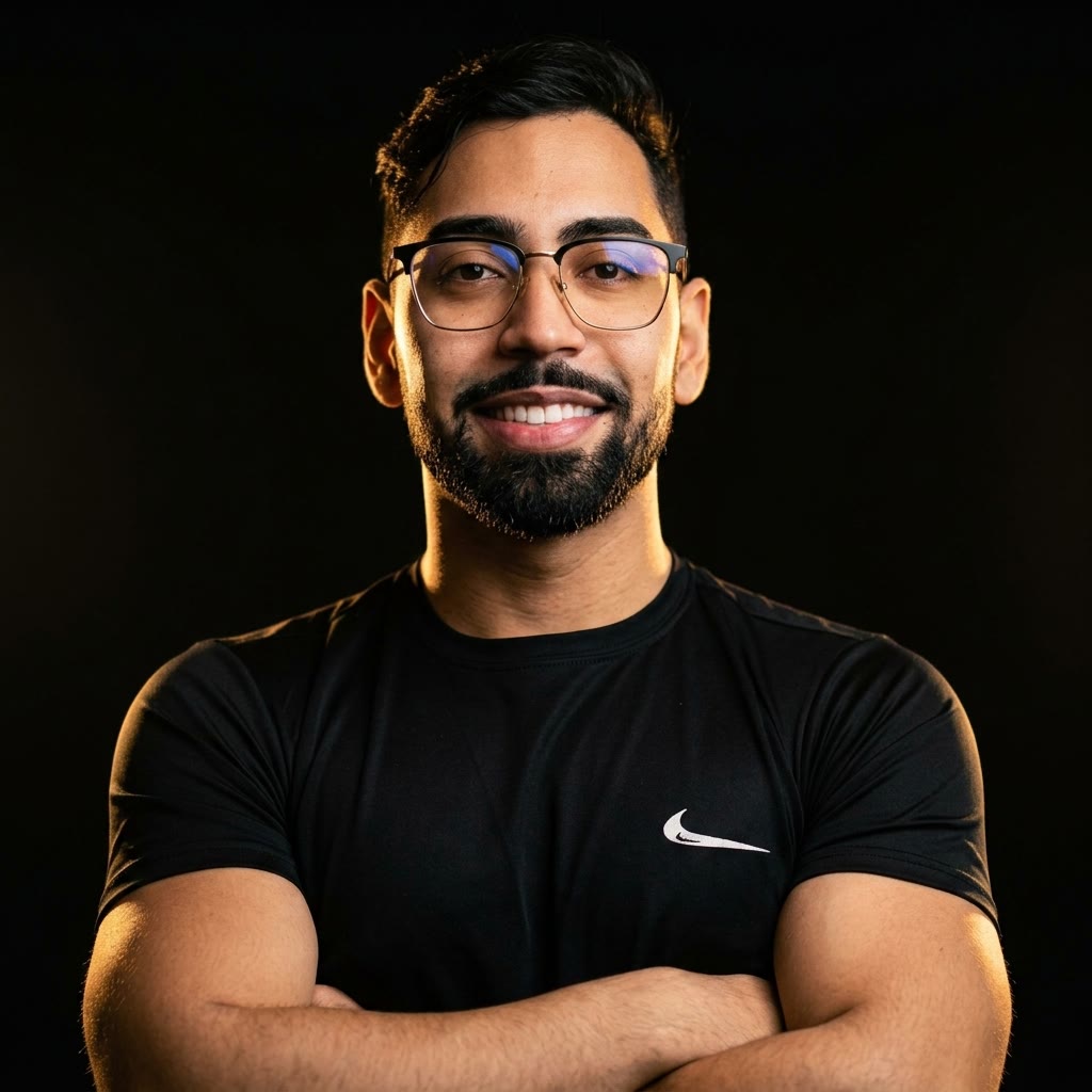 Retrato de Myckaell Victtor, de óculos e camiseta preta, sorrindo de braços cruzados